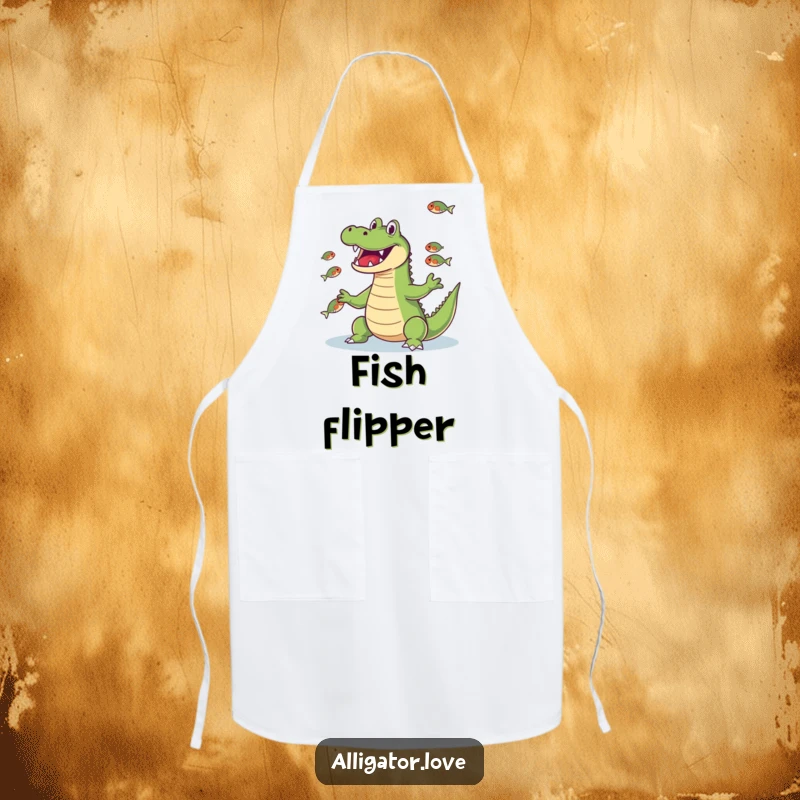 Funny alligator juggling fish with its snout, a humorous and functional apron.