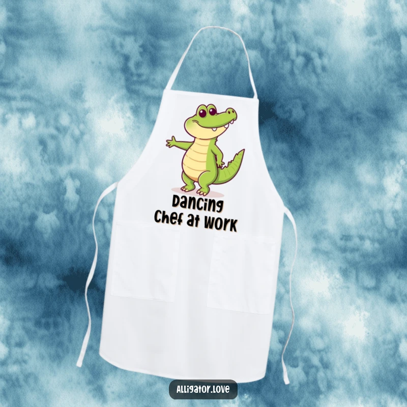 Funny apron featuring a happy alligator dancing with its tail wagging, designed to bring rhythm and humor to the kitchen.