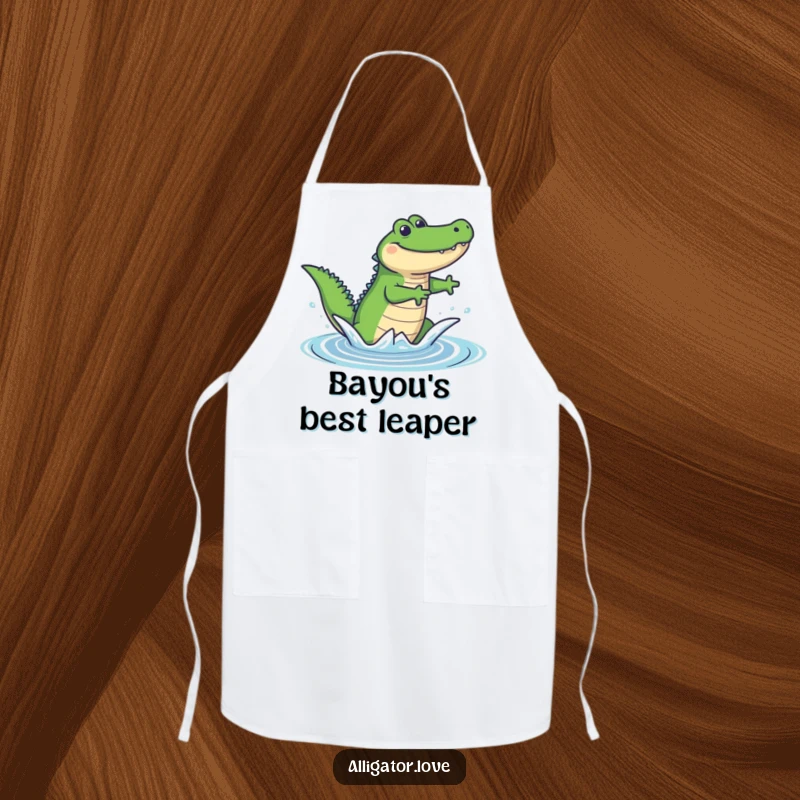 Funny apron adorned with a joyful alligator in mid-leap, ready to add humor and splash to kitchen activities.