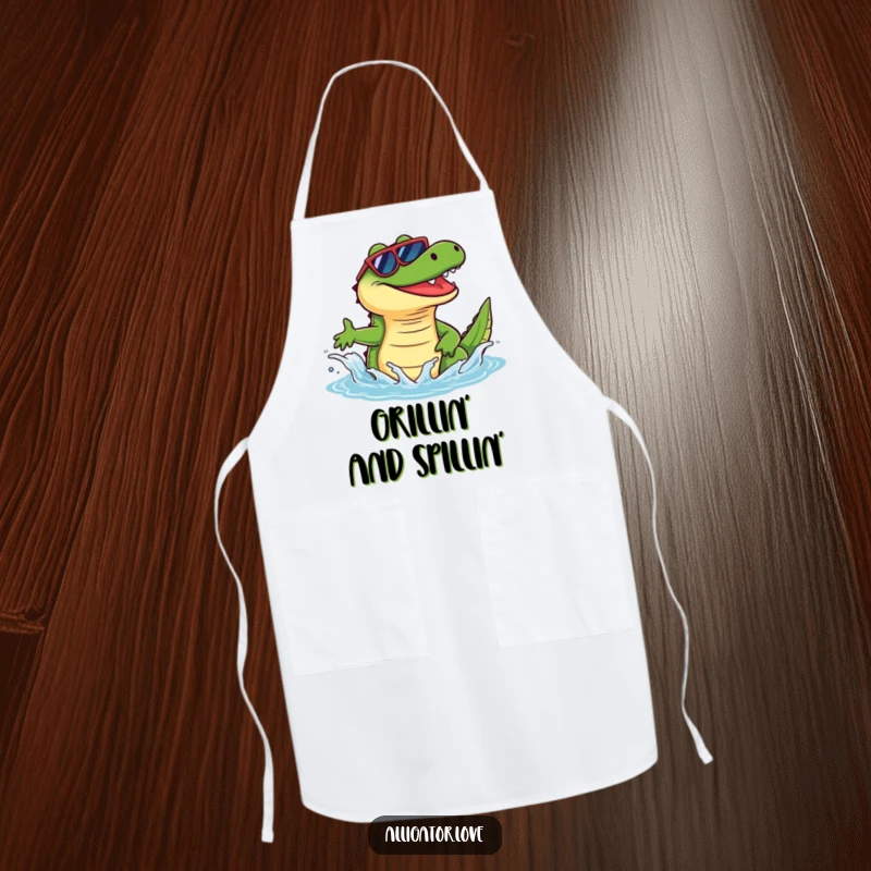 Funny alligator in sunglasses, playfully splashing while cooking, a humorous and functional apron.