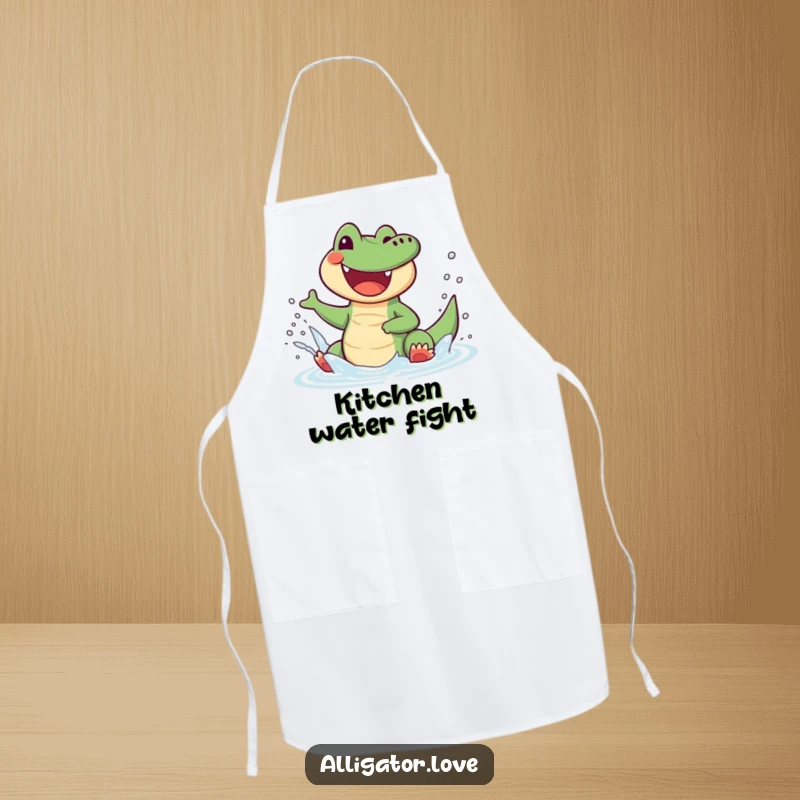 Funny alligator apron depicting a joyful reptile splashing water with glee, perfect for kitchen fun.