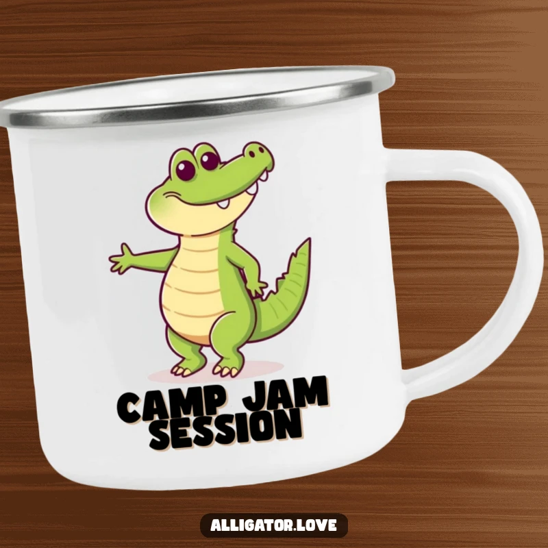 Funny camping mug with a happy alligator dancing enthusiastically with its tail wagging, ideal for outdoor fun.