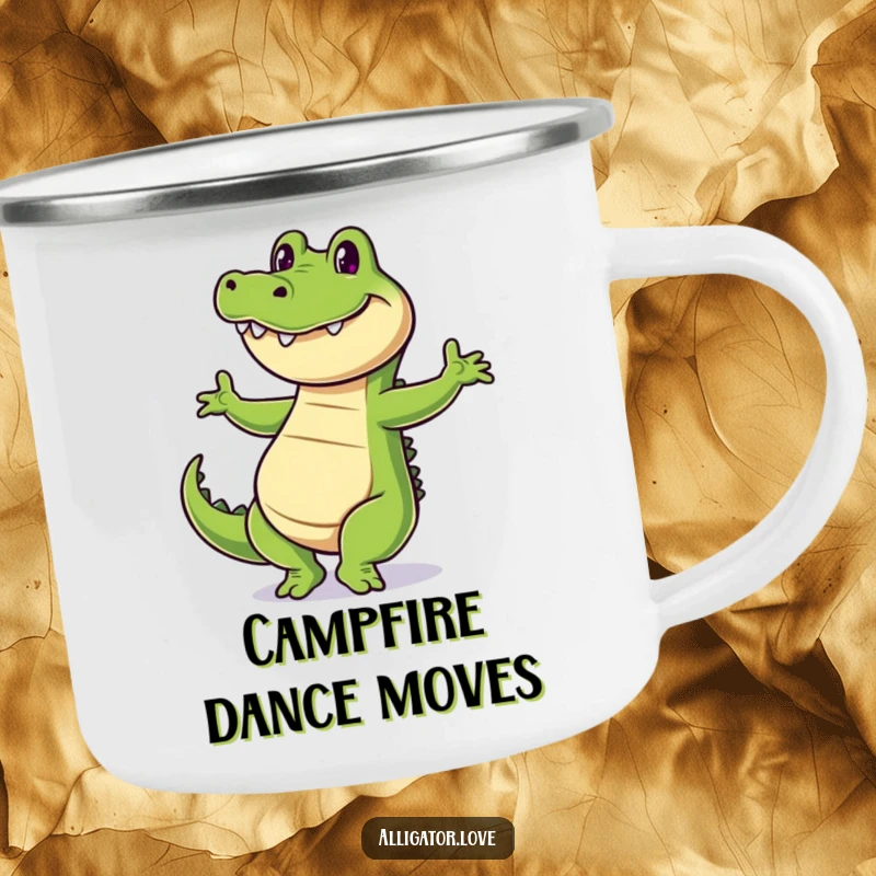 Funny alligator camping mug showing a cheerful reptile dancing with a wide grin, built for outdoor fun.