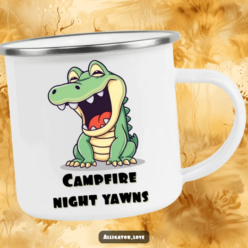 Funny camping mug with a mischievous alligator mid-yawn, ready for outdoor adventures and morning coffee with a smile.