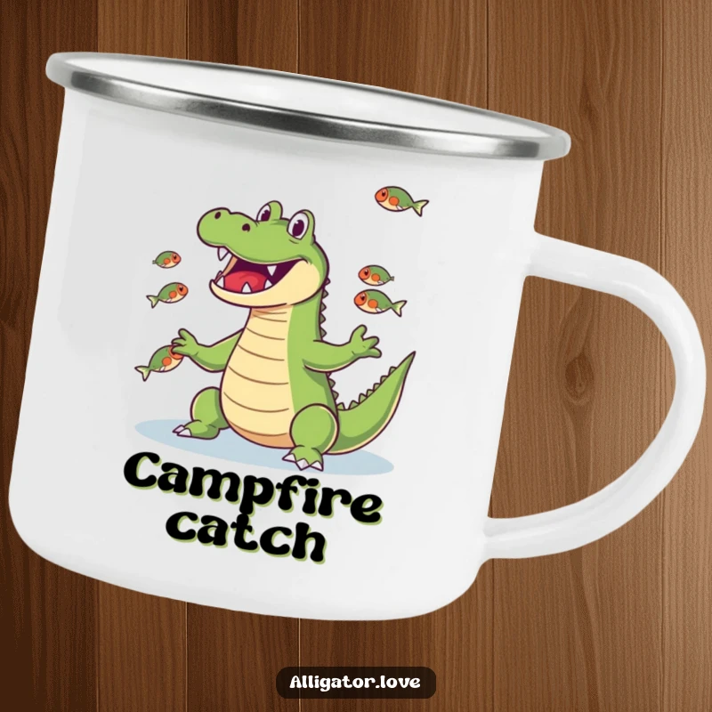Funny alligator juggling fish with its snout, a humorous and durable camping mug.