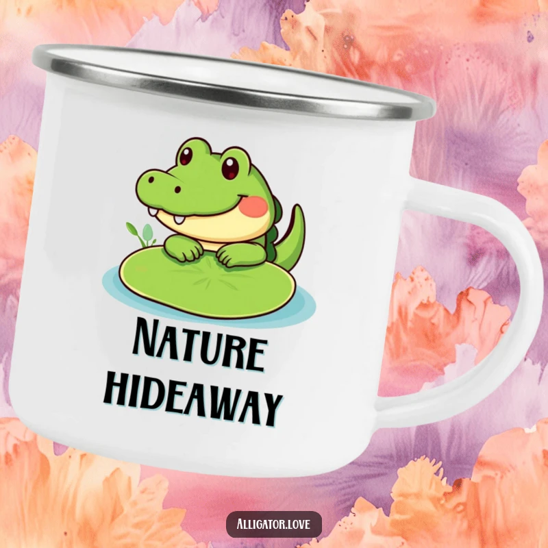 Funny cute alligator peeking from behind a lily pad, a humorous and durable camping mug.