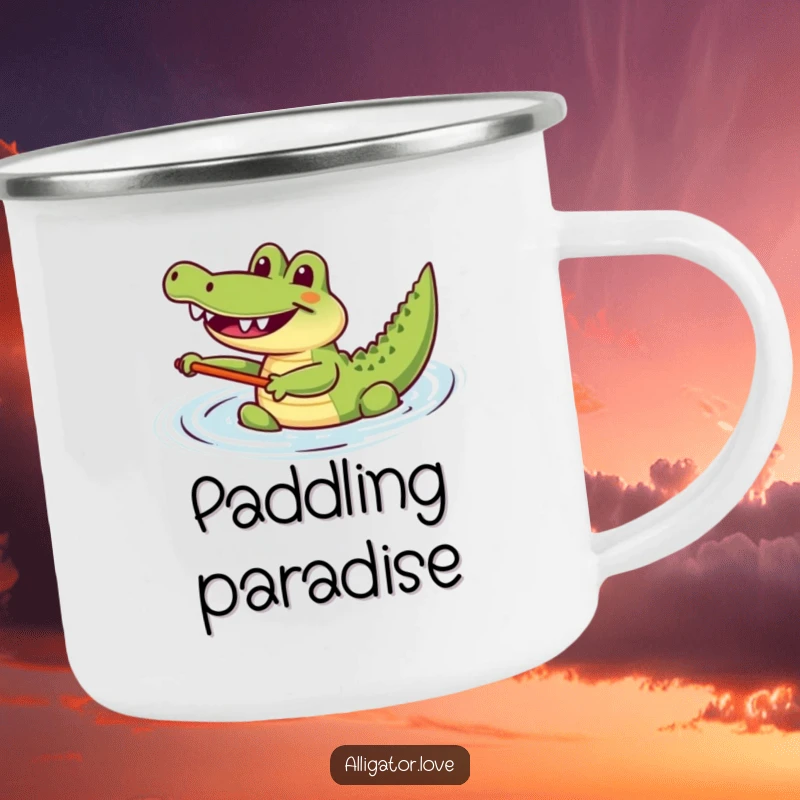 Funny joyful alligator happily paddling in the water, a humorous and durable camping mug.