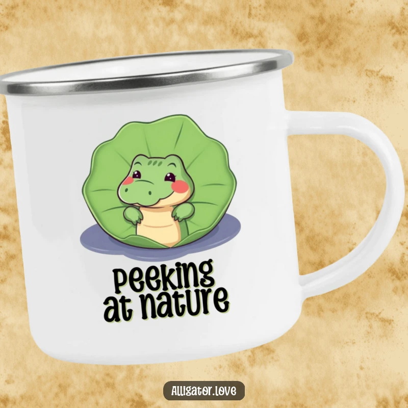 Funny camping mug with a curious alligator peeking from behind a lily pad, ready for outdoor exploration and coffee.