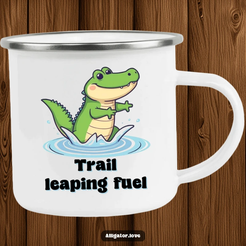 Funny camping mug with a joyful alligator leaping from water, durable and perfect for outdoor humor.