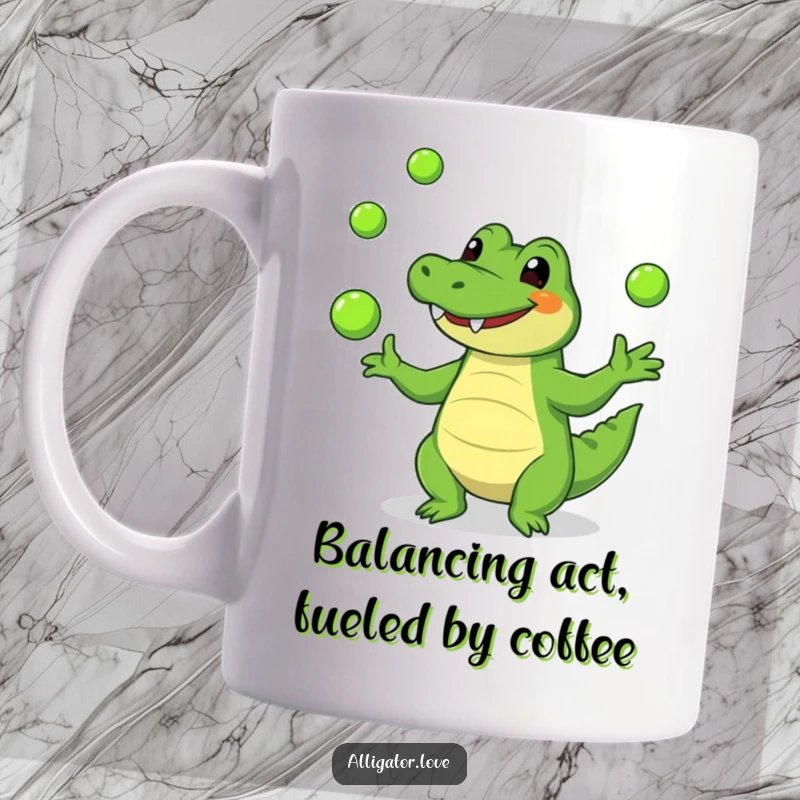 Funny alligator mug depicting a cheerful reptile skillfully juggling several small green balls with a wide, happy smile.