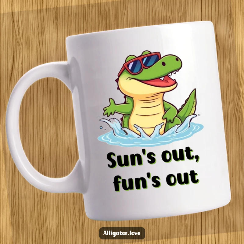 Funny alligator wearing sunglasses, making a playful splash in the water, perfect for a cool and funny gift.