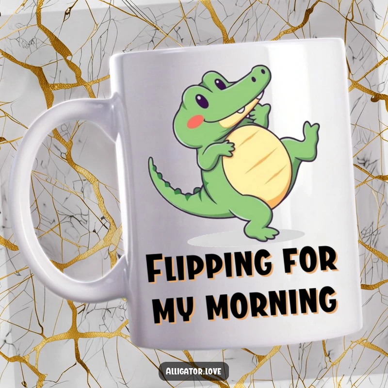 Funny alligator mug showing a cute reptile doing a cartwheel with a wide, happy, and cheerful smile.