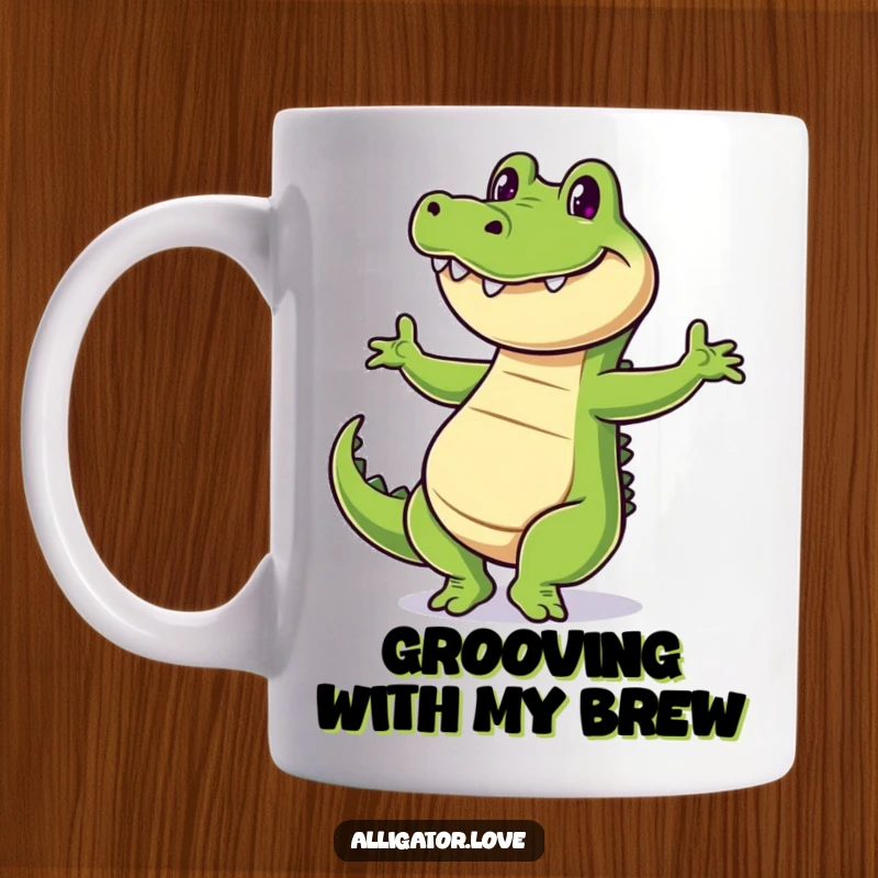 Funny alligator mug showing a cheerful reptile with a wide grin enthusiastically performing a happy little dance.