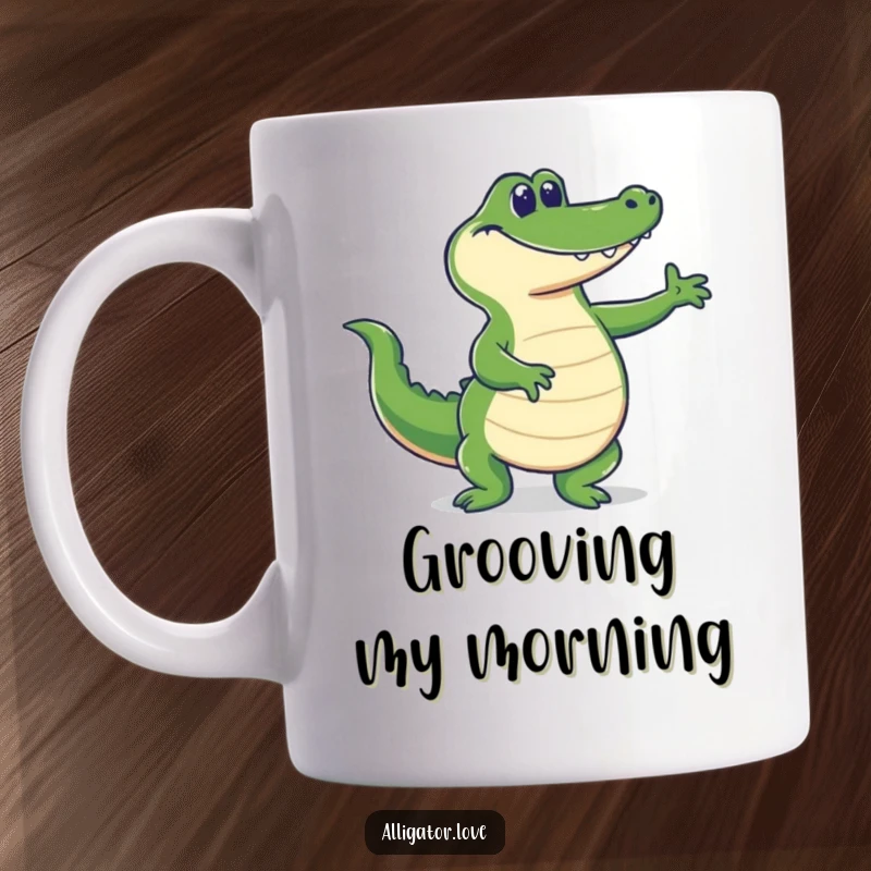 Funny grinning alligator doing a silly dance, wagging its tail enthusiastically, a humorous mug design.