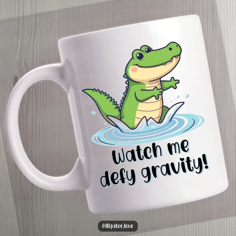 Funny mug with a joyful alligator leaping high out of the water, captured mid-air with a wide smile and splashing effect.