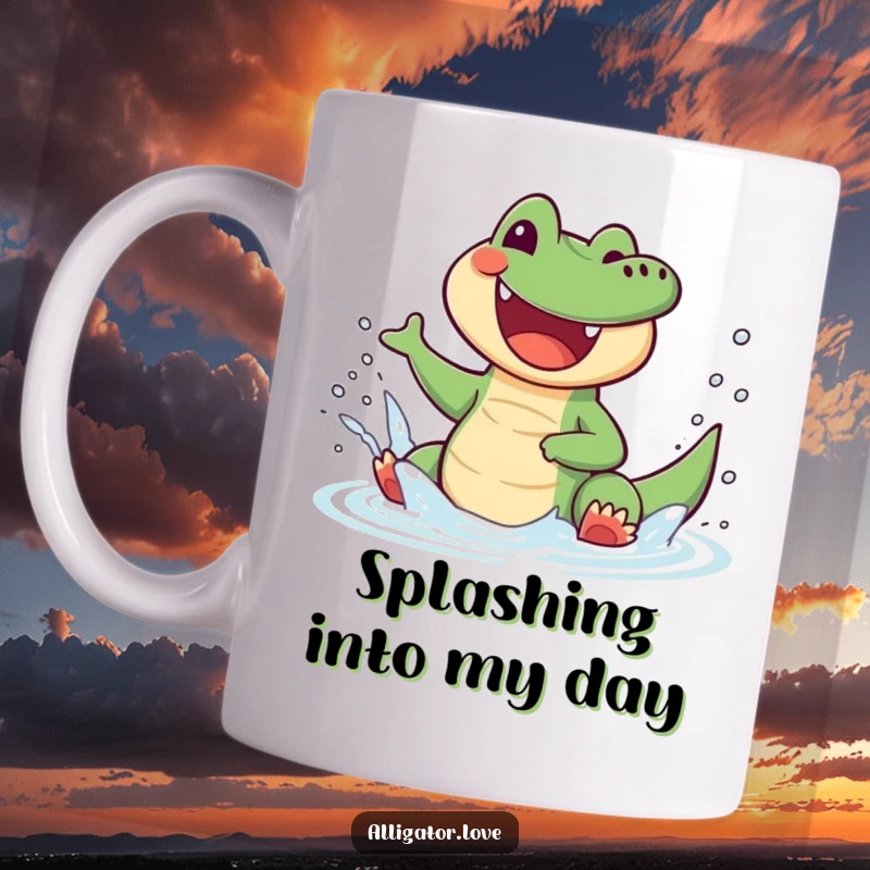 Funny alligator mug showing a joyful reptile gleefully splashing water with a huge smile and energetic spray.