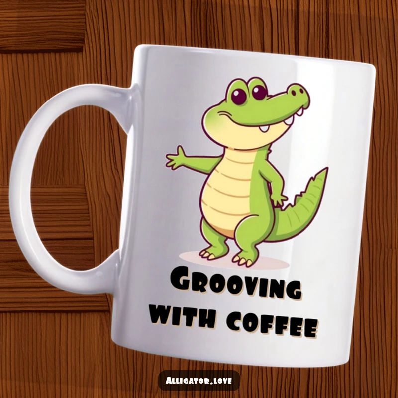 Funny mug featuring a happy alligator dancing with its tail wagging enthusiastically, radiating pure joy and movement.