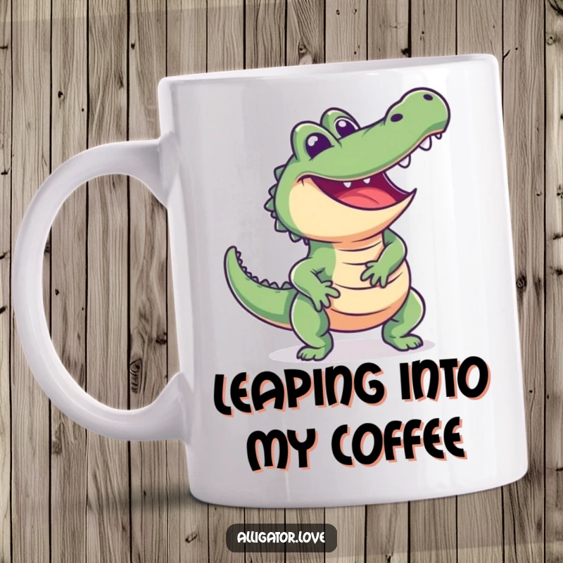 Funny alligator mug showing an excited reptile lunging playfully, with a wide, happy, and eager expression.