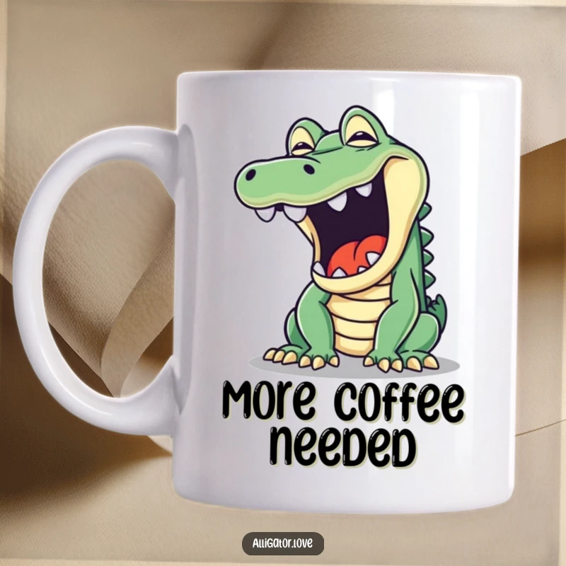 Funny mug featuring a mischievous alligator opening its jaw wide in a playful, sleepy yawn, with a hint of a grin.