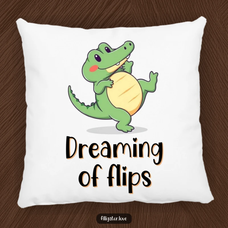 Funny alligator pillow showing a cute reptile doing a cartwheel with a smile, offering cozy and charming humor.