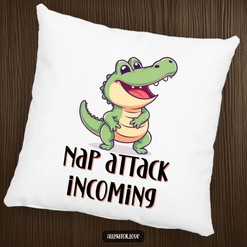 Funny alligator pillow showing an excited reptile lunging playfully with a happy expression, offering cozy humor.