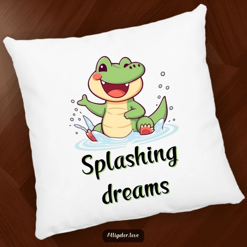 Funny alligator pillow showing a joyful reptile splashing water with glee, offering cozy and cheerful humor.