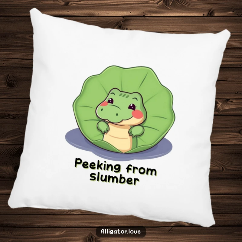 Funny pillow featuring a curious alligator peeking from behind a lily pad, adding a touch of playful mystery to any room.