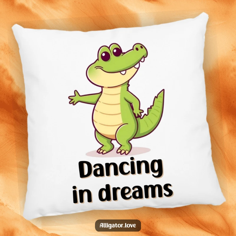 Funny pillow featuring a happy alligator dancing with its tail wagging, adding a touch of playful rhythm to any room.