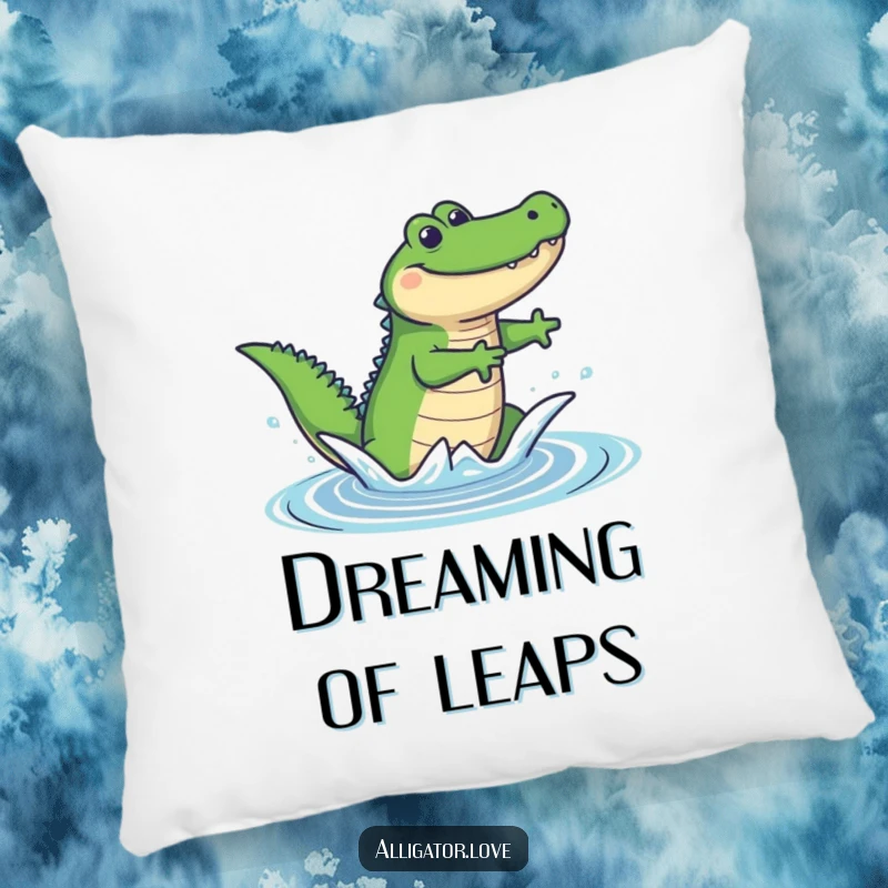 Funny pillow featuring a joyful alligator leaping from water, its expression brimming with happiness and playful energy.