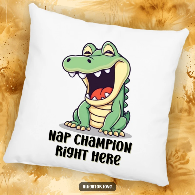 Funny pillow featuring a mischievous alligator in a wide, exaggerated yawn, perfect for adding a humorous touch to any room.