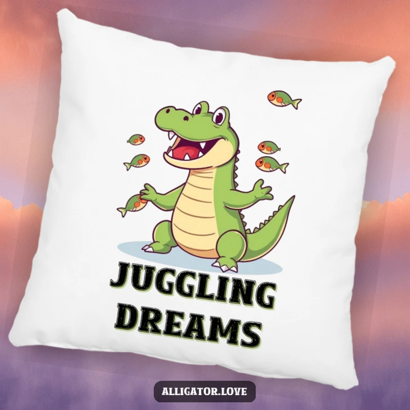 Funny alligator juggling fish with its snout, a soft and humorous pillow.