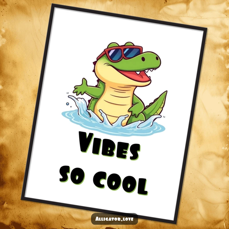 Funny alligator wearing sunglasses, splashing water exuberantly, a humorous digital art print.