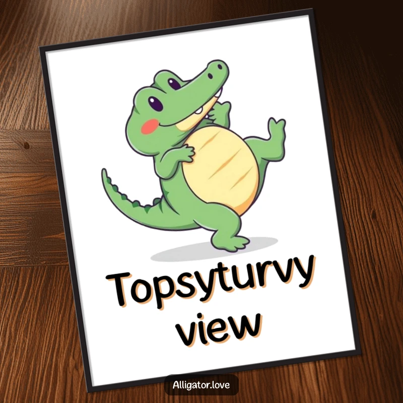 Funny alligator digital art print of a cute reptile doing a cartwheel with a smile, ready for instant display.