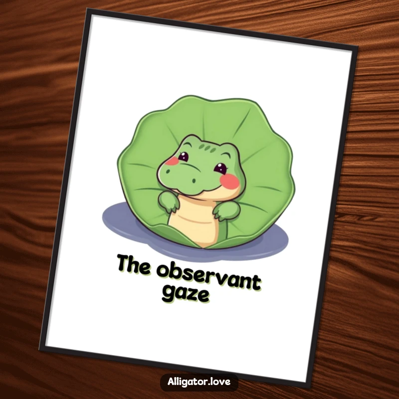 Funny digital art print of a curious alligator peeking from behind a large lily pad, with an expression of playful intrigue.