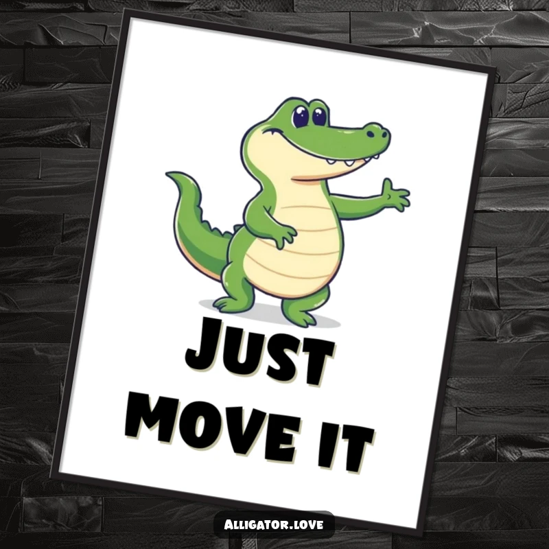 Funny alligator dancing energetically with tail wagging, a humorous digital art print.