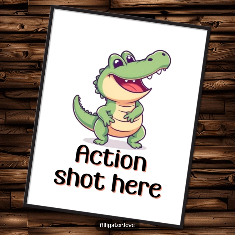 Funny alligator digital art print of an excited reptile lunging playfully with a happy expression, ready for instant display.
