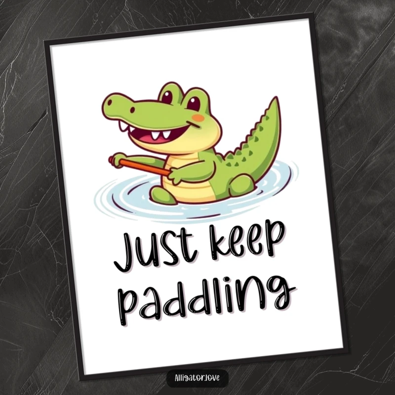 Funny joyful alligator happily paddling in the water, a humorous digital art print.