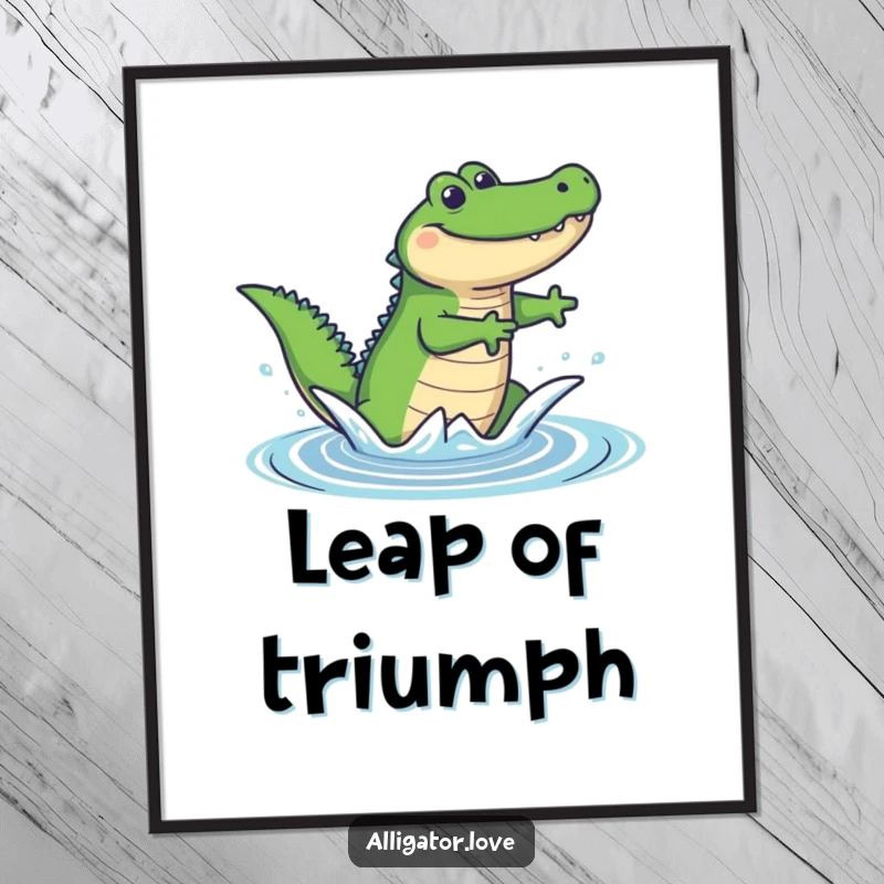 Funny digital art print of a happy alligator leaping energetically from blue water, capturing pure joy and motion.