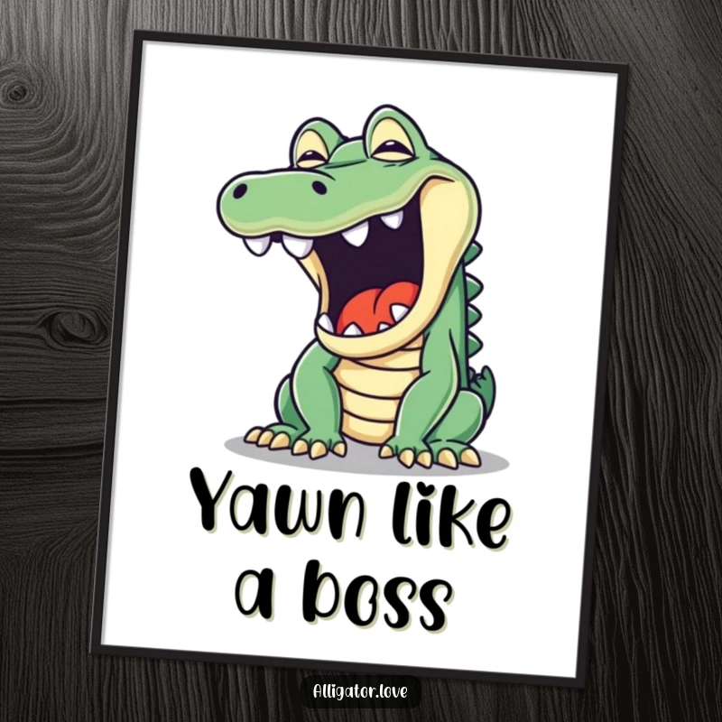 Funny digital art print of a mischievous alligator opening its jaw wide in a playful yawn, full of personality.