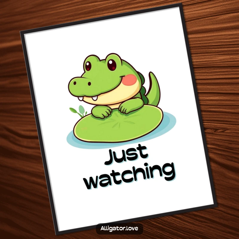Funny cute alligator peeking from behind a lily pad, a humorous digital art print.