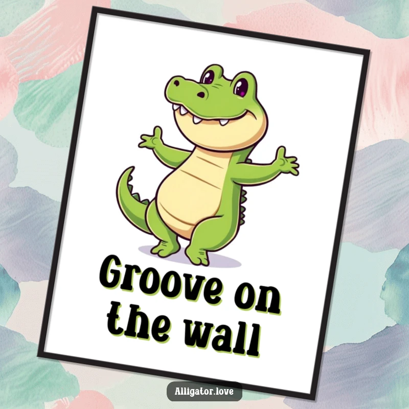 Funny alligator digital art print of a cheerful reptile dancing with a wide grin, ready for instant display.