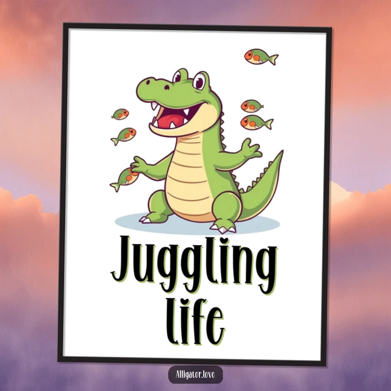 Funny alligator juggling small fish with its snout, a humorous digital art print.