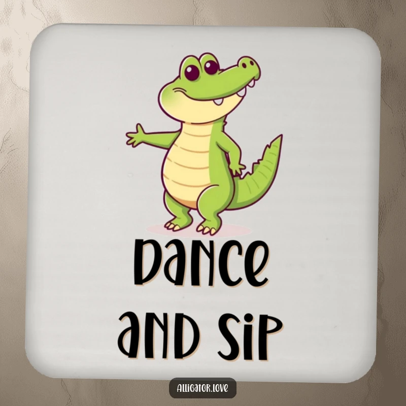 Funny drink coaster featuring a happy alligator dancing with its tail wagging, adding a touch of rhythm and humor.