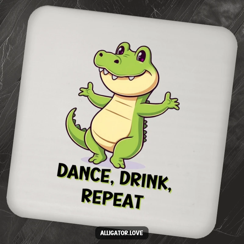 Funny alligator coaster depicting a cheerful reptile dancing with a wide grin, adding humor to tabletops.