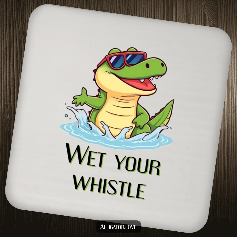 Funny alligator in sunglasses, making a splash, a humorous and protective drink coaster.