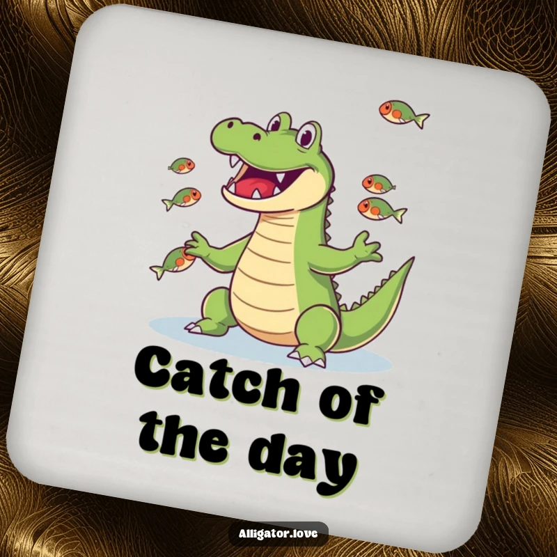 Funny alligator juggling fish with its snout, a humorous and protective drink coaster.