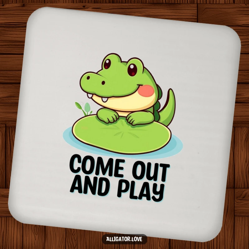 Funny cute alligator peeking from behind a lily pad, a humorous and protective drink coaster.