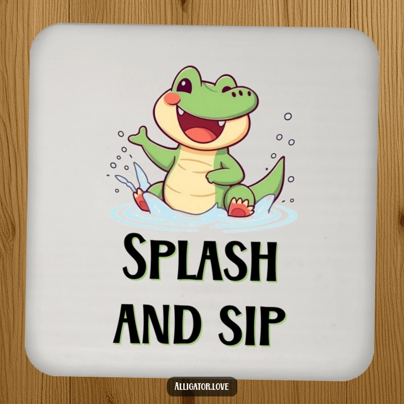 Funny alligator coaster depicting a joyful reptile splashing water with glee, adding cheerful humor to tables.