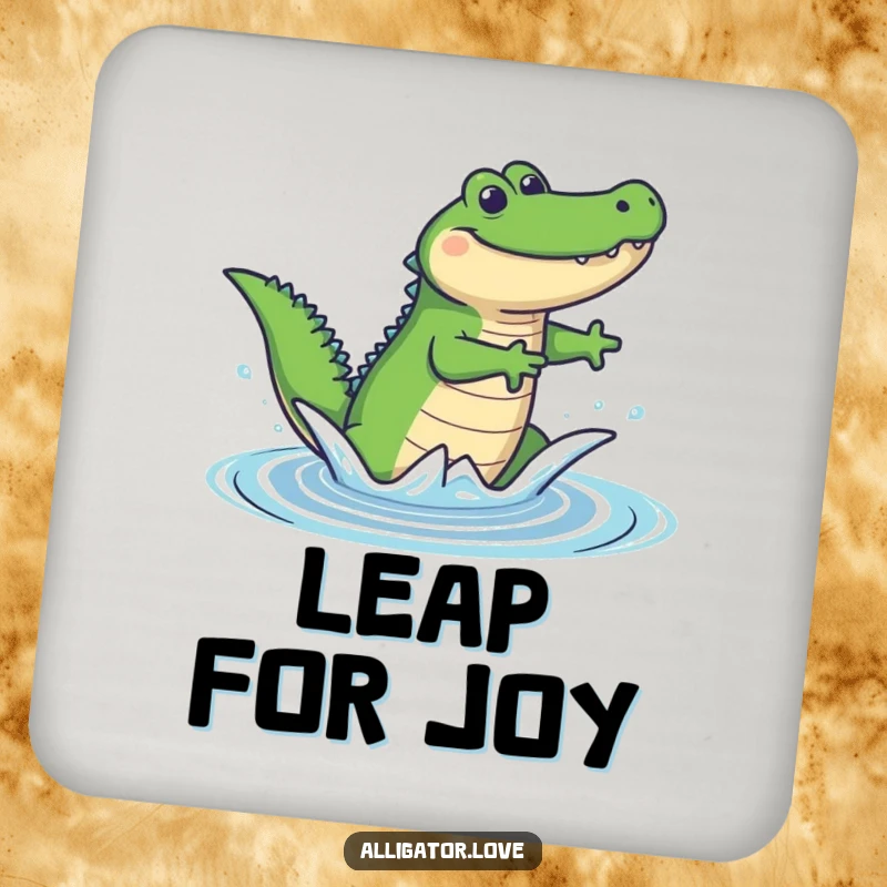 Funny drink coaster featuring a joyful alligator leaping gracefully from water, adding a touch of humor to any table.