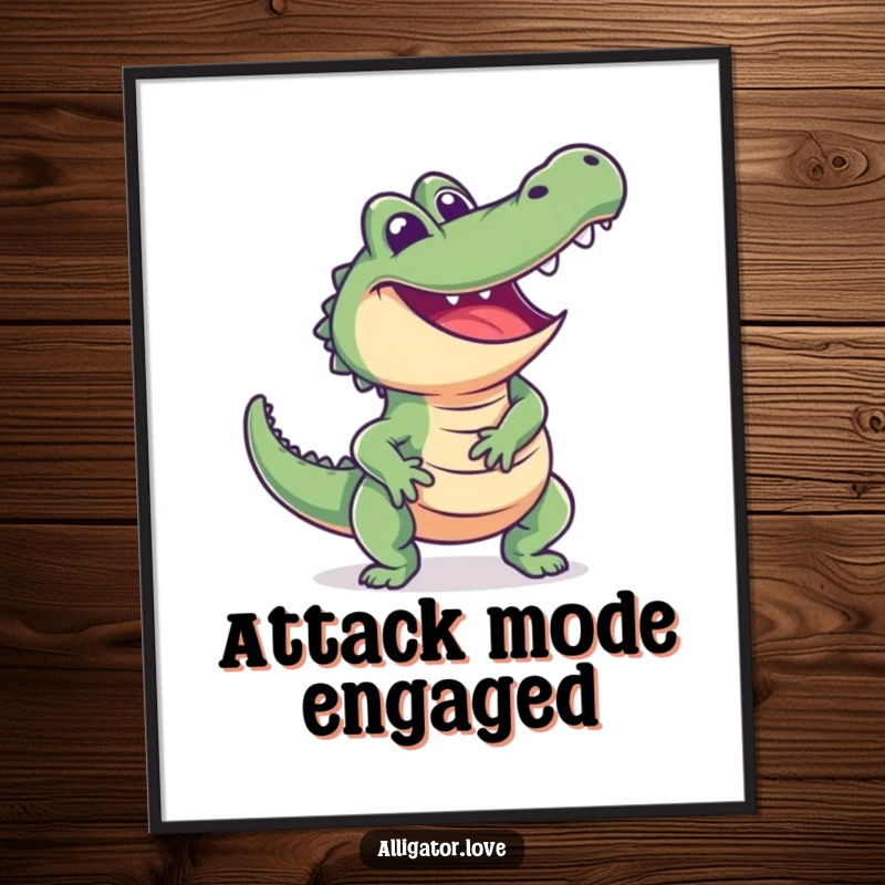 Funny alligator poster capturing an excited reptile lunging playfully with a beaming smile and energetic aura.